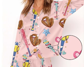 Coquette softbollpyjamasset, söta softbollpyjamas för kvinnor, present till sportälskare, flickiga softbollsömnar, coquette estetiskt pyjamasset