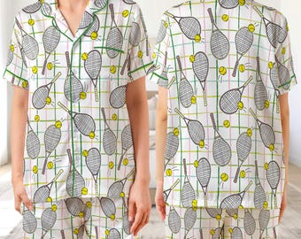 Tennis Satin Pajamas Set, Tennis Pajamas for Team, Sports Lover Pajamas Pants, Tennis Player Pjs, Tennis Gift for Women Mom, Tennis Birthday