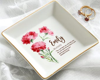 Plato floral personalizado con versículo bíblico, plato para anillos con flores de nacimiento en acuarela para cristianos, "El Señor te bendiga", plato para joyería de fe, regalo