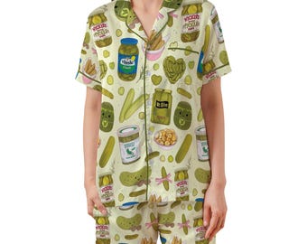 Pickle Pajamas Set, Canned Pickles Satin Pajamas, Dill Pickle Lover Gift, Homemade Pickle PJ Shorts Set, Pickle Jar Pajama, Foodie Nightwear