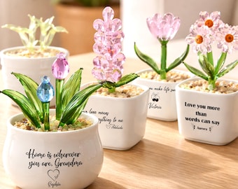 Pot de fleur en verre personnalisé, cadeau de fête des mères, cadeau personnalisé en cristal soufflé à la main, cadeau de jardin pour maman et grand-mère, décoration de fleurs éternelles
