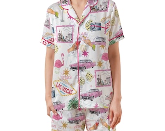 Vintage Las Vegas Pajama Set,Vegas Baby Sleepwear Gifts,Satin Nightwear Pajamas,Las Vegas Trip Nightwear Set for Her,Bachelorette Party Pjs