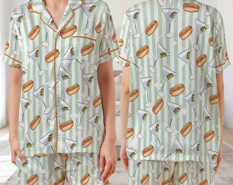 Women’s Hot Dogs and Martinis Satin Pajama Set, Short Sleeve Food Print PJs, Lounge Sleepwear for Her, Weekend Cocktail Party, Nightwear Set