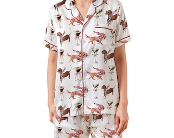 Martini teckel satijnen pyjamaset, worsthond en drankjes pyjama met korte mouwen, cocktailparty weekend, cadeau schattig huisdierliefhebber, nachtkleding voor haar