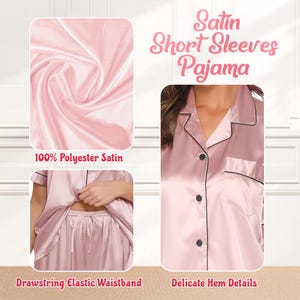Puede incluir: Conjunto de pijama rosa de sat&eacute;n de manga corta. El conjunto incluye una camisa abotonada con ribete negro y un bolsillo, y pantalones de pijama con cintura el&aacute;stica y cord&oacute;n. La tela es 100% sat&eacute;n de poli&eacute;ster.