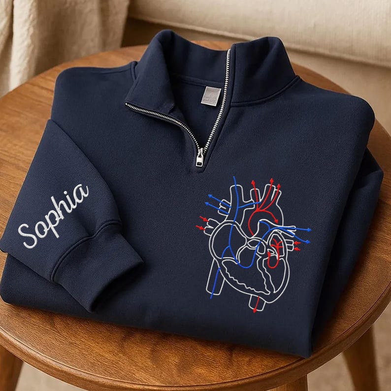 Puede incluir: Sudadera azul marino con cremallera de un cuarto y dise&ntilde;o de coraz&oacute;n anat&oacute;mico bordado en blanco. La manga lleva el nombre "Sophia" en escritura blanca. La sudadera tiene cremallera plateada y est&aacute; sobre una mesa de madera.