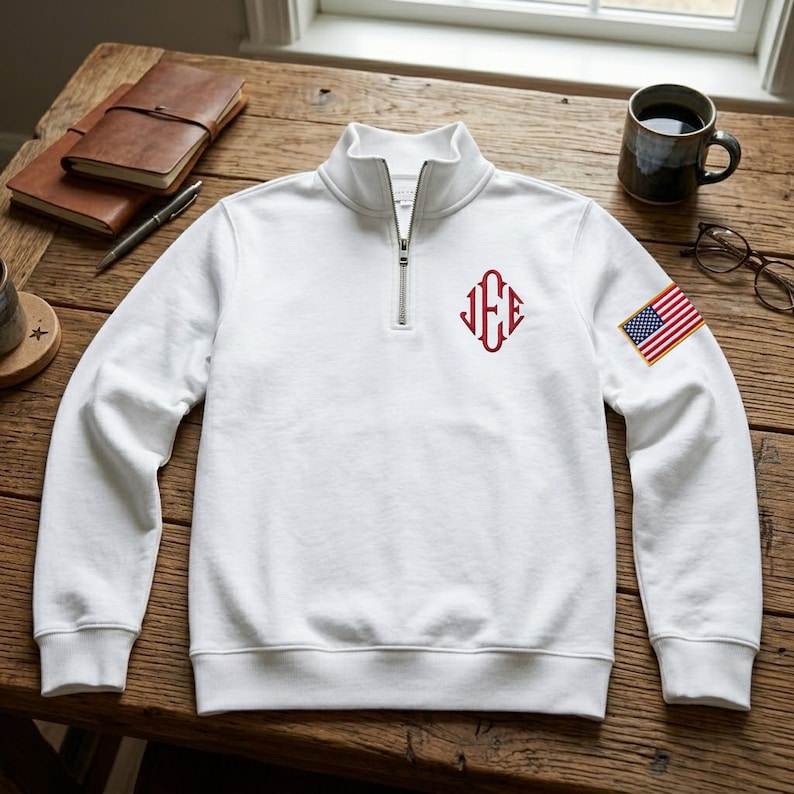 Embroidered J.E.E Epstein Monogram Quarter Zip Sweatshirt, Custom Viral JEE Initials Half Zip Shirt, USA Flag Sleeve Sweater, Veteran Gift image 7