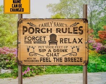 Personalized Porch Rules Metal Sign, Good Friends Good Time Sign, Patio Backyard Sign Decor, Father's Day Gift, Deck Decoration