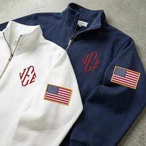 Embroidered J.E.E Epstein Monogram Quarter Zip Sweatshirt, Custom Viral JEE Initials Half Zip Shirt, USA Flag Sleeve Sweater, Veteran Gift image 4