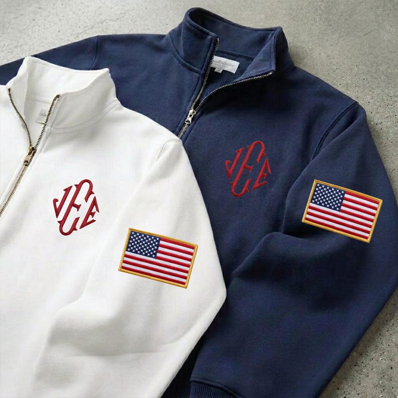 Embroidered J.E.E Epstein Monogram Quarter Zip Sweatshirt, Custom Viral JEE Initials Half Zip Shirt, USA Flag Sleeve Sweater, Veteran Gift image 4