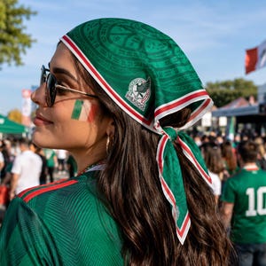 Peut inclure: Un bandana vert orné d'un motif circulaire répétitif et d'un emblème du Mexique avec un aigle. Le bandana présente une bordure rayée blanche et rouge et est noué à l'arrière. Il est porté avec un maillot vert à rayures rouges sur l'épaule.