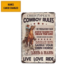 Personalized Cowboy Rule Metal Sign Howdy Sign, Western Cowboy Lover Gift Country Porch Decor Farmhouse Western Home Decor