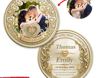 Moneda de aniversario personalizada, recuerdo de aniversario con foto personalizada para parejas, regalo de aniversario de bodas con nombres y fecha, ficha para marido y mujer.