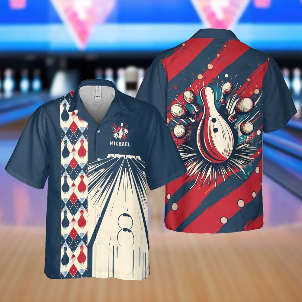 Personalized Retro Bowling Hawaiian Shirt Hawaii Bowling Team Shirt Button Down Bowling Kid Shirt Team Gift For Bowler Vintage Style