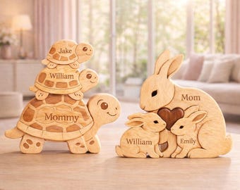Personalized Wooden Family Puzzle - Mothers Day Gift, Custom Animal Family Sign with Kids Name, Turtle or Bunny Decor, Gift for Mum Grandma