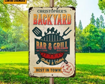 Personalized Backyard Bar & Grill Metal Sign, Grilling Hot And Fresh Tin Sign, Patio Decoration, Grilling Sign, Deck Sign, Smoke Dad Gift