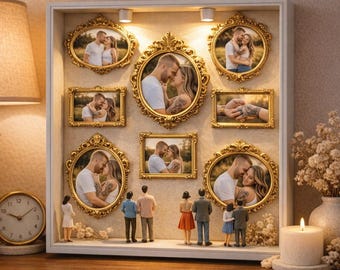 May include: A white shadow box with gold ornate frames holding photos of a couple. Miniature figures stand below the frames. A lit candle, a clock, and a lamp are on the wooden surface.