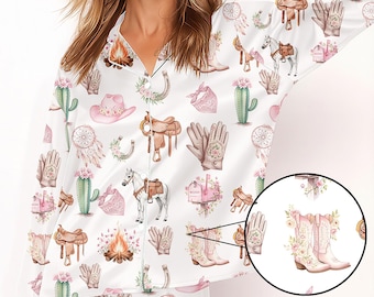 Pijama retro de vaquera para mujer, ropa de dormir de rodeo occidental, pijama con sombrero y botas de vaquero, ropa de estar familiar acogedora, regalo campestre para ella.