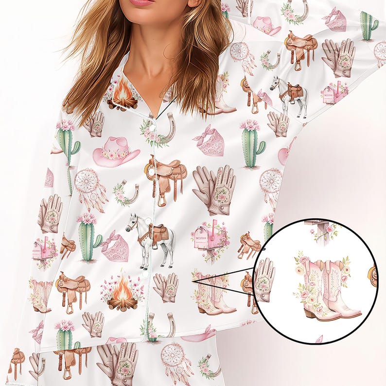 Embrace cozy Western charm with this Pink Cowgirl Satin Pajama Set. Featuring floral boots, cowboy hats, cacti, and sweet rodeo details, it’s soft, stylish, and perfect for cowgirl lovers who enjoy relaxing in feminine rustic flair.