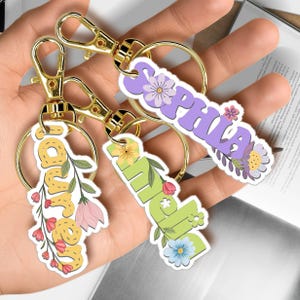 Custom Kids Name Keychain, Floral Backpack Name Tag, Boho Keychain for Kids Girl, Diaper Bag, Lunchbox Name Tag, Daughter School Keychains