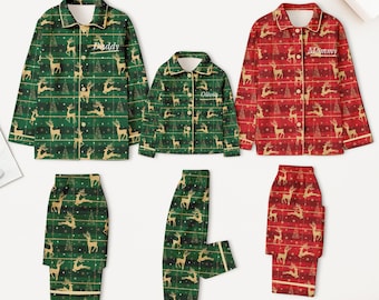 Personalized Family Matching Christmas Reindeer Pjs, Custom Husband and Wife Pajamas Set, Couple Matching Holiday PJs, Silky Satin Pajamas