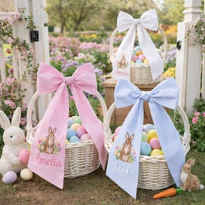 Personalized Monogrammed Easter Basket Bow, Embroidered Name Bunny Handle Decoration, Kids Gingham Easter Ribbon, Baby First Easter Gift