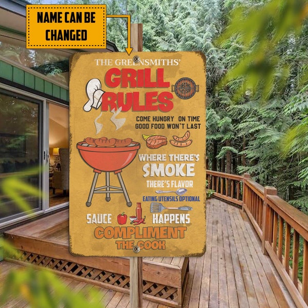 Personalized Grill Rule Classic Metal Sign, Smoke House Metal Sign, BBQ Sign, Grill Sign, Patio Backyard Sign Decor, Dad Gift, Father's Day
