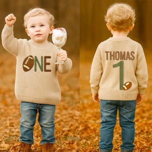 Suéter bordado de fútbol con nombre de bebé, suéter de punto personalizado para cumpleaños de bebé, suéter de cumpleaños para niño pequeño, primer cumpleaños