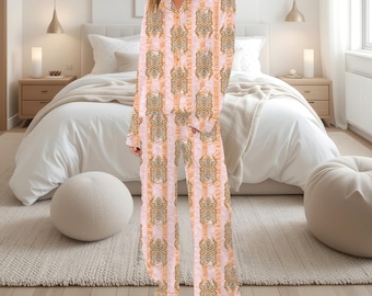 Pijama de satén con estampado de tigre para mujer: pijama de manga larga con botones, conjunto de lujo con estampado animal, pijama a juego, regalo de cumpleaños, ropa de dormir acogedora.