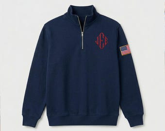 Sudadera con cremallera de un cuarto y monograma J.E.E. Epstein bordado, camiseta personalizada con iniciales JEE virales y media cremallera, suéter con mangas con la bandera de EE. UU., regalo para veteranos