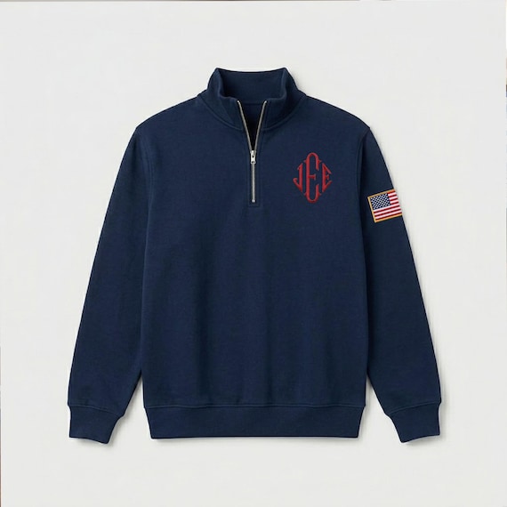 Embroidered J.E.E Epstein Monogram Quarter Zip Sweatshirt, Custom Viral JEE Initials Half Zip Shirt, USA Flag Sleeve Sweater, Veteran Gift