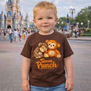 May include: A brown t-shirt featuring two monkey illustrations, one sleeping and the other awake. The text "Team Punch" is printed in orange. The shirt is worn by a young child.