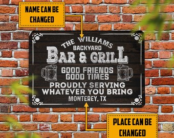 Personalized Bar & Grill Proudly Serving You Bring Classic Metal Sign, BBQ Sign, Grill Sign, Patio Backyard Sign Decoration