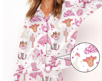 Pijama rosa de vaquera occidental, pijama retro de rodeo, pijama familiar con sombrero y botas de vaquero, pantalones de vaquera, regalo del oeste para ella.