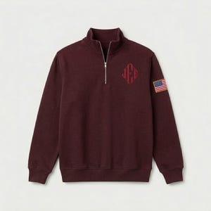 Embroidered J.E.E Epstein Monogram Quarter Zip Sweatshirt, Custom Viral JEE Initials Half Zip Shirt, USA Flag Sleeve Sweater, Veteran Gift image 6