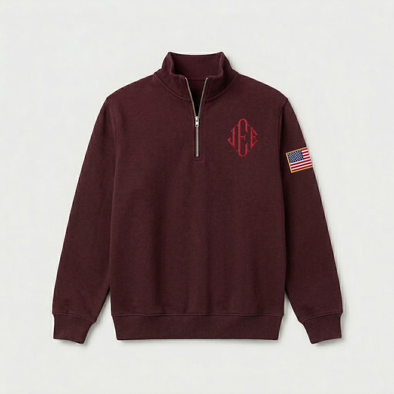 Embroidered J.E.E Epstein Monogram Quarter Zip Sweatshirt, Custom Viral JEE Initials Half Zip Shirt, USA Flag Sleeve Sweater, Veteran Gift image 6
