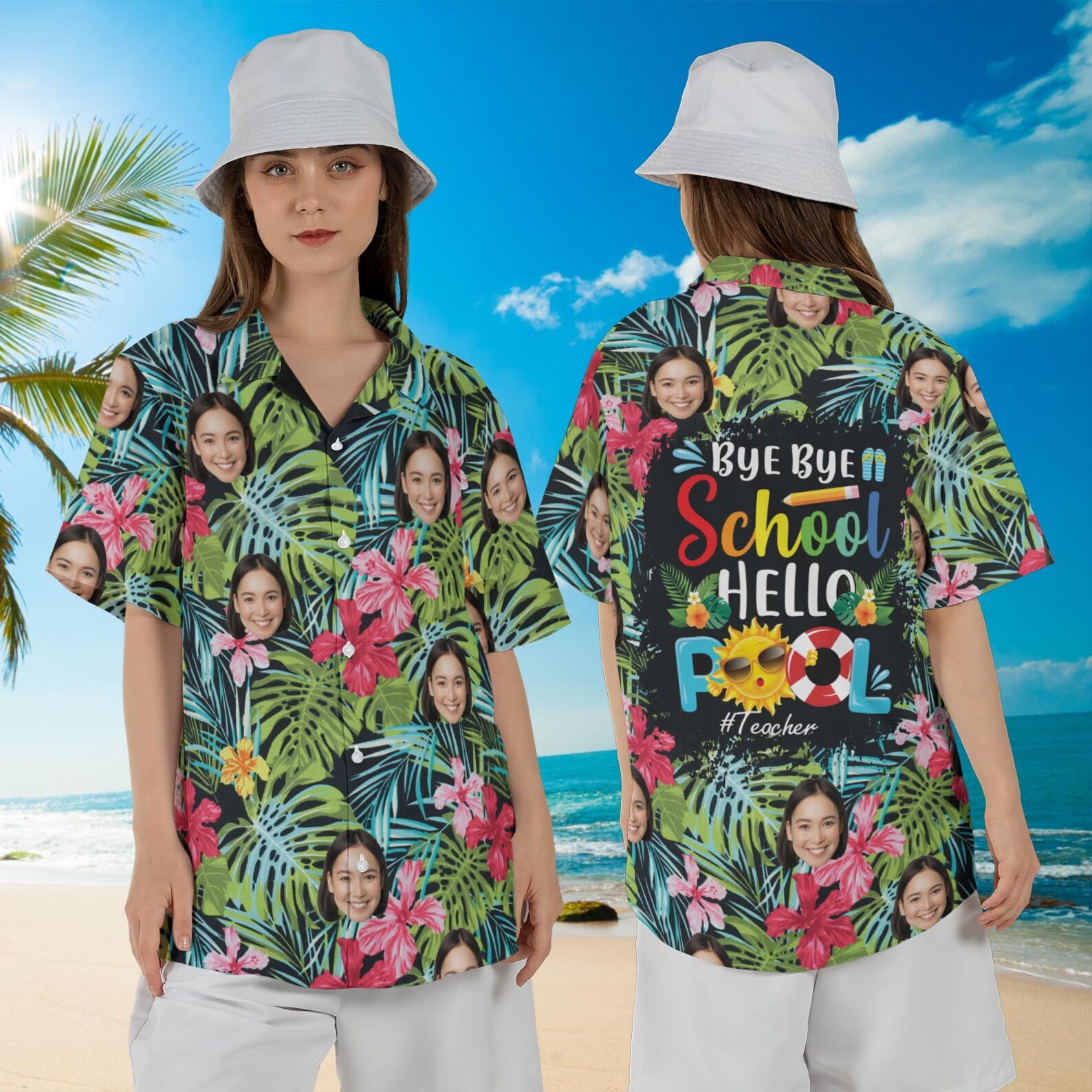 Personalized Photo Bye Bye School Hawaiian Shirt Hello Pool Aloha Shirt ...