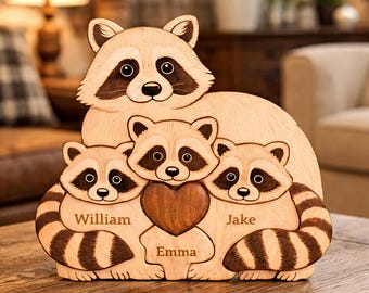 Rompecabezas de madera personalizado de una familia de mapaches, decoración familiar con nombre grabado, regalo para el Día de la Madre, regalo de mapaches para niños, regalo para baby shower, decoración para la habitación del bebé.