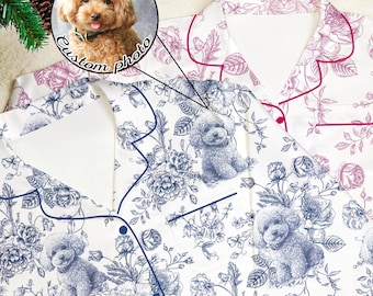 Custom Pet Portrait Chinoiserie Pajamas Set, Personalized Dog Face Pajama, Pet Lover Gift, Blue Toile Dog Photo Pajamas, Dog Breed Pjs Pants