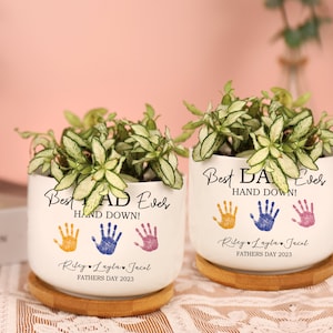 Best Dad Ever Handprints Planter, Custom Hands Down Succulent Pot, Gift For Dad From Kids, Mini Flower Pot Personalized Pot For Father's Day