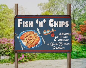 Customize Fish and Chips Metal Sign, Smokehouse Vintage Sign, Patio Backyard Sign, Bar Pub decor, Men cave Party Sign