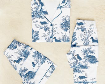 Chinoiserie Dachshund Pyjamas Set, Hundälskare Pyjamas, Gåva för husdjursägare, Blå Toile Hundfamilj Pyjamas, Taxras Pyjamasbyxor, Loungekläder
