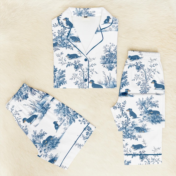 Chinoiserie Dachshund Pajamas Set, Dog Lovers Pajamas, Pet Owner Gift, Blue Toile Dog Family Pajamas, Dachshund Breed Pjs Pants, Loungewear