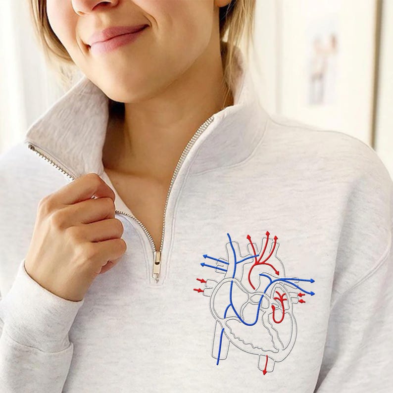 Puede incluir: Sudadera gris claro con cremallera de un cuarto y un dise&ntilde;o de coraz&oacute;n anat&oacute;mico bordado detallado. La ilustraci&oacute;n del coraz&oacute;n incluye l&iacute;neas rojas y azules que representan el flujo sangu&iacute;neo, con flechas que indican la direcci&oacute;n. La cremallera es dorada.