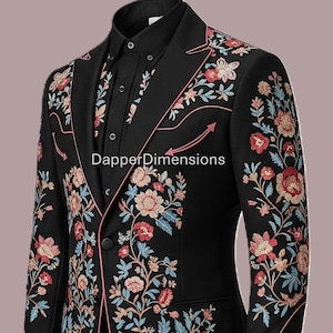 Men Designer Black 2Pc Bespoke Country Western Pantsuit Floral Flowers Embroidered Cowboy Nudie Cocktail Groom Wedding Prom Party Outfit Set