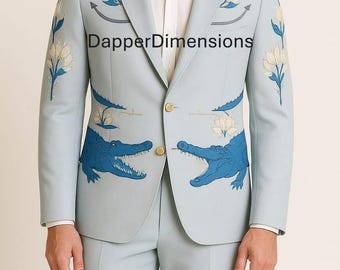 Men's 2Pc Blue Embroidered Alligator Cowboy Suit: Western Wedding Groom Jacket Country Western Suit