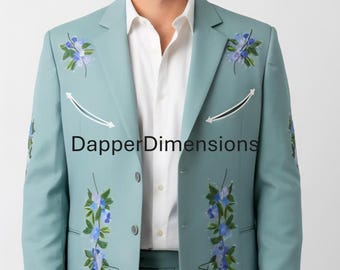 Men's 2Pc Blue Western Suit: Floral Embroidered Guitar Design - Prom Outfit