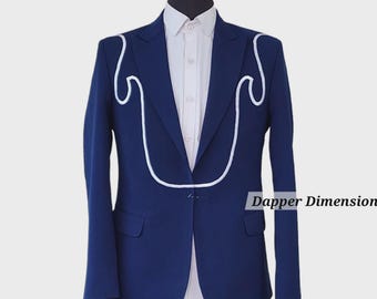 Men's 2Pc Blue Embroidered Cowboy Nudie Suit: Vintage Western Wedding Groom Outfit