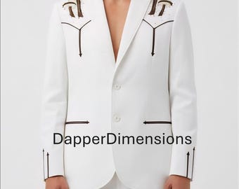 Men Designer White 2Pc Customized Masrom Floral Embroidered Country Western events & rodeo Nudie Cowboy Weddings Prom Parties Pantsuit Set