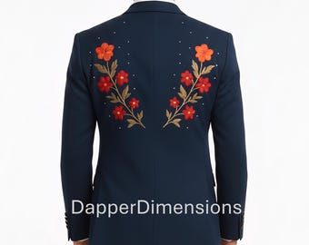 Men 2Pc Navy Customized  Blazer Floral Embroidered Western Vintage Style Gothic Retro 70s Aesthetic Wedding Prom Party  Groom Jacket Set